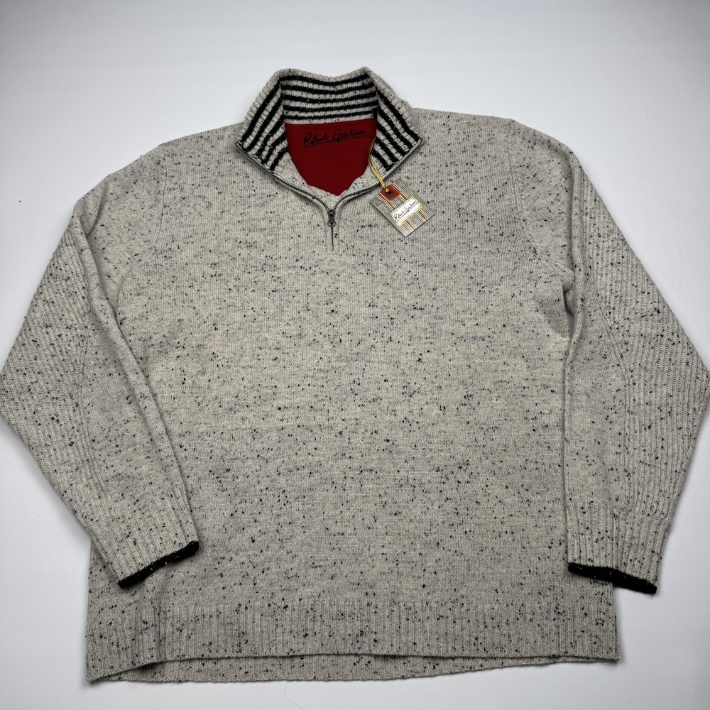 Robert Graham Sweater Mens XL Beige Wool 1/4 Zip Mock Neck Donegal Pullover Knit